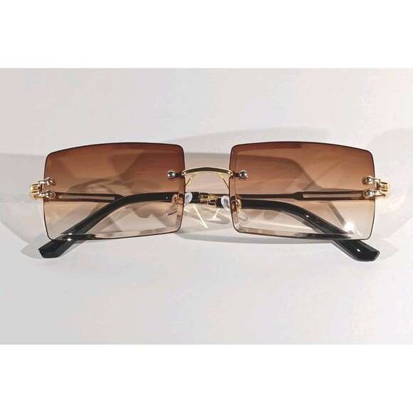 Rimless Square Sunglasses Brown Tint Unisex Metal Frame - Picture 2 of 9